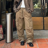 WIAOFELLAS  -  Vintage Pleated Drawstring Casual Cargo Pants, Japanese Style Solid Color Multi-pocket Loose Wide-leg Work Pants