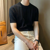 WIAOFELLAS  -  Men's Solid Color Knitted Hollow Short-Sleeved T-Shirt Fashionable Retro Casual Trend Loose Daily Breathable Summer Men's Tops