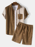 Wiaofellas  -  Men Outfit Set Spring Summer Men Casual Loose Stitching Corduroy Short Sleeve Suit Men Two Pieces