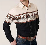 Wiaofellas  -  Men's Retro Western Striped Shirt Casual Short Sleeve Button-Up Cowboy Style Shirt