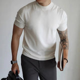 Wiaofellas  -  Summer New Men's Cool Breathable Knit T Shirt  Slim Fit Mock Neck Short Sleeve Casual Workwear Top