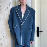 WIAOFELLAS  -  Men Korean Fashion Vintage Loose Casual Suits Sets Jacket + Pant Denim Ragged Edge Blazers Suit Coat Jeans Stage Clothes Costume