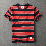 WIAOFELLAS  -  Heavy double cotton short sleeve t pocket American retro thick horizontal thick wide stripe T-shirt men's and women's T-shirt