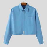 WIAOFELLAS  -  Men Shirt Solid Color Lapel Long Sleeve Loose Casual Male Crop Tops Streetwear Korean Style 2026 Fashion Men Clothing