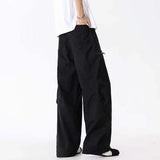 WIAOFELLAS  -  Simple Men's Cargo Pants Zipper Patchwork Elastic Waist Wide Leg Bottom Straight Drawstring Loose Male Trousers 24K4252