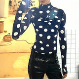 WIAOFELLAS  -  Men T Shirt Polka Dot Printing Turtleneck Gloves Long Sleeve Male Tee Tops Streetwear Pleated Fashion Casual Camisetas