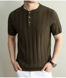 Wiaofellas  -  Brand Laisel Linen Knitted T-shirt Men's Short Sleeved Slim Casual Business Polo Shirts Round Neck Social Versatile Base T-shirt