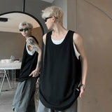 Wiaofellas  -  fall outfits Fake Two Piece Vest Sleeveless T-shirt Solid Color Round Neck Korea Fashion Male Tops Casual Loose