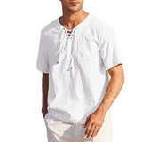 WIAOFELLAS  -  New Men's Short Sleeved Shirt Fashion Casual Lace Up Square Neck Solid Color Short Sleeved Shirt