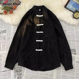 WIAOFELLAS  -  Chinese Style Blouse Buckle Stand Collar Shirt Korean 2025 Summer New Trend Embroidered Pattern Vintage Shirt Jacket