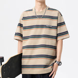 Wiaofellas  -  Summer new fashion men's retro striped short sleeve T-shirt Fashion loose bf style casual T-shirt