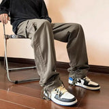 WIAOFELLAS  -  American Retro Workwear Pants Men's High Street Ins Trendy Loose Straight Leg Mop Pants with Multiple Pockets Casual Pants
