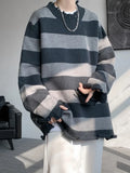 WIAOFELLAS  -  Men Autumn Winter New Striped Warm Sweater Tops Men's Oversize Loose Knitted Tops Male Round Neck Cashmere Jumpers C69