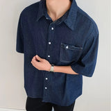 WIAOFELLAS  -  Dark Blue Denim Shirt Men and Women Japanese Vintage City Boy Oversized Loose Casual Summer Lapel Buttons Shirt Top