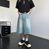 WIAOFELLAS  -  Fashion Men's Gradient Letter Print High Street Denim Shorts Vintage Wash Loose Straight Short Pant Male