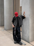WIAOFELLAS  -  Artificial Hand-painted Lettering Graffiti Black Denim Trousers Men Straight Pants