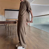 Wiaofellas  -  Mens Casual Light Shirt Wide Leg Pants New Genderless Fashion Vacation Basics Versatile Solid Color Suit Two-Piece Unisex
