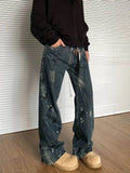 WIAOFELLAS  -  Vintage Appliques High Waist High Street Blue Straight Jeans Pants Korean Fashion Men Wide Leg Baggy Denim Trouser