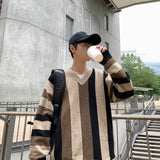 WIAOFELLAS  -  Autumn Men's Striped Men Knitted Sweaters Pullovers Harajuku Streetwear Tate V-neck Sweater Knitwear Striped Sweater A88
