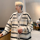 WIAOFELLAS  -  Autumn Striped Cardigan Sweater Men Korean Knitted Sweater Pullover Harajuku Hip Hop Streetwear Loose Knitwear Coat Male Clothes