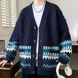 Wiaofellas  -  Winter Christmas Jacquard Knitted Cardigans For Man Ethnic Style Button-up V-neck Sweaters Y2K Streetwear Cardigan Knitwear