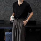 WIAOFELLAS  -  Men's Solid Color Knitted Cardigan Short-Sleeved Shirt American Retro Fashion Trend Street Loose Breathable Niche Men's Tops