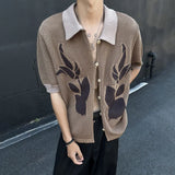 Wiaofellas  -  Mens Hollow Small Mesh Knitted Shirt Casual Daily Breathable Jacquard Lapel Short-Sleeved Top Men'S Clothing Summer New