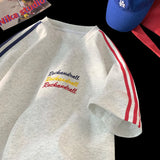 WIAOFELLAS  -  New Embroidery T-shirt Rainbow Coloured Letters T-shirt Fashion Striped Collision Summer Short-sleeved Tops Street Couple Tee