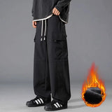 WIAOFELLAS  -  Men's Clothing Elastic Cargo Straight Trousers Solid Color High Waist Pockets Spring Autumn Drawstring Casual Loose Pants