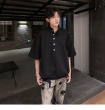 WIAOFELLAS  -  Fashion Men's Solid Color Button American Style T-shirt Trendy Stand Colar Short Sleeves Casual Top Male 2025 Summer