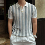 Wiaofellas  -  Stylish Slim Short Sleeve Knit Polo Shirt Men Summer Casual Breathable Hollow Out Polo Shirts Vintage Striped Crochet Polo Tops
