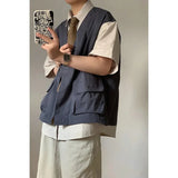 Wiaofellas  -  Men's Japanese Retro Patchwork Fake Two-Piece Vest Shirt Short Sleeve Casual Workwear Jacket