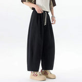 WIAOFELLAS  -  Simple Men's Casual Pants Drawstring Design Solid Color Bottom Elastic Waist Straight Wide Leg Loose Male Trousers