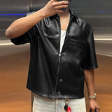Wiaofellas  -  Solid Color Men Shirt Faux PU Leather Lapel Short Sleee Men Clothing Zipper Summer Streetwear Fashion Casual Camisa