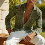 Wiaofellas  -  Autumn Hollow‑Out Knit Cardigan Mens Loose Fit Breath Button Breathable Long Sleeve Casual Tops For Men