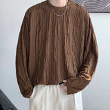 WIAOFELLAS  -  Japanese Style Long Sleeved T-shirt Spring Autumn Men's Textured Round Neck Pullover Sweatshirts Youth Foam Pleated Loose Top