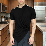 Wiaofellas  -  Men's Irregular T Shirt Solid Color Short Sleeve Button Male Tee Tops Summer Streetwear Knitted Fashion Men Clothes