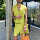 WIAOFELLAS  -  Summer Fashion Loose Men Suits Sleeveless V-neck Shirt And High Waist Wide Leg Shorts Two Piece Set Casual Vest Outfits Tank Top