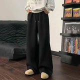 WIAOFELLAS  -  Koreann Style Men Sweatpants Casual Solid Color Drawstring Straight Fleece Bottom Elastic Waist Wide Leg Male Pants