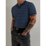 Wiaofellas  -  British Style Polo Shirt Men's Fashion Lapel Business Casual Knitted Short Sleeved T-shirt Striped Social Office Polo Shirts