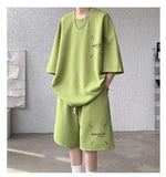 WIAOFELLAS  -  Fashion Men's Suit Solid Color Letter Print O-neck T-shirt Trendy Drawstring High-waisted Shorts Set Male Summer