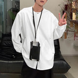 WIAOFELLAS  -  Men Shirt Solid Color O-neck Long Sleeve Casual Men Clothing Streetwear Loose Korean Style Shirt Fashion Male Tops S-5XL