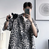 Wiaofellas  -  Brown/Gray Leopard Printed Shirt Men Loose Breathable Men's Shirts Summer Male Shirt High Street Casual Short Sleeve Tops