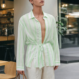 WIAOFELLAS  -  Men Striped Shirts Lapel Long Sleeve Lace Up Loose Autumn Men Clothing Streetwear Fashion Casual Male Shirts S-5XL