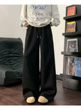 WIAOFELLAS  -  Koreann Style Men Sweatpants Casual Solid Color Drawstring Straight Fleece Bottom Elastic Waist Wide Leg Male Pants