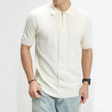 Wiaofellas  -  Men Solid Color Knitted Polo Shirt Short Sleeve Zipper Lapel Casual Breathable Slim Fit Daily Wear Business Top New Arrival