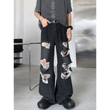 Wiaofellas  -  High Street Male Hole Denim Pants New Worn-out Jacquard Slimming Loose Men‘s Wide Legs Jeans Summer Trendy