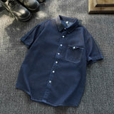 Wiaofellas  -  Summer Vintage Japanese Style Pocket Splicing Denim Short Sleeve Loose Washed Five Sleeve Workwear Shirt Trendy Unisex Casual