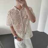 WIAOFELLAS  -  Trendy Men's Lace Hollow Out Heavy Industy Design Shirts Fashion Short Sleeves Hooded Loose Tops Male Summer