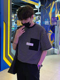 Wiaofellas  -  Casual Men's Round Neck Stripes Chest Decoration T-shirt New Korean Style Personality Contrast Color Tops 2A2129